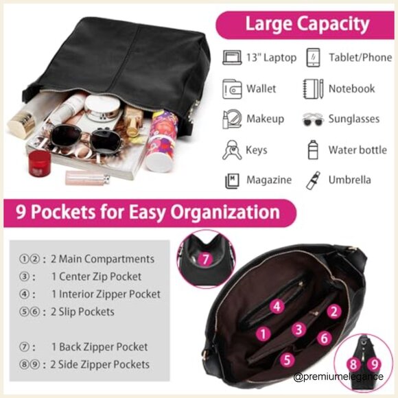 Large Hobo Tote Bag with Wallet Set, Adjustable Strap, Multi-Pocket Design - Picture 5 of 7